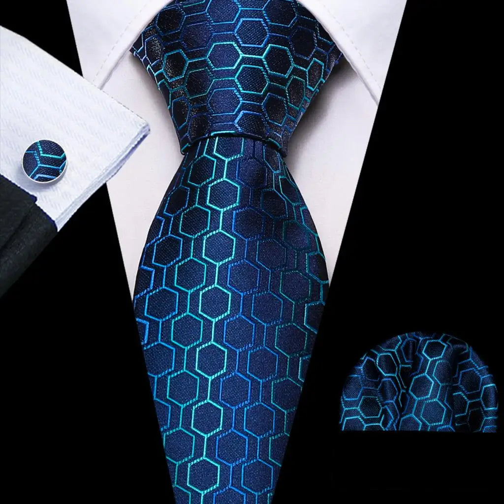 Barry.Wang Plaid Silk Men Tie Hanky Cufflinks Set Checked Jacquard Necktie for Male Formal Casual Wedding Business Party Events