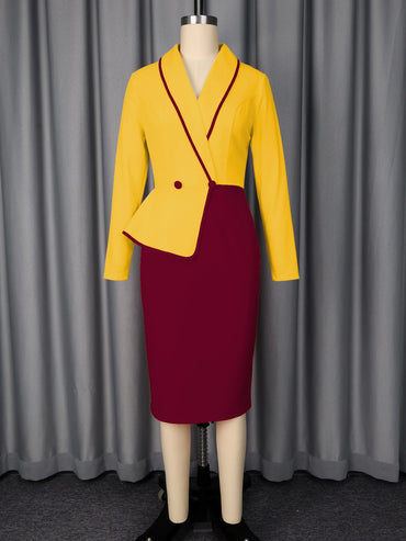 Elegant Africa Women Colorblock Dresses Turn Down Collar Long Sleeves Asymmetric Hem High Waist Slim Office Lady Church Gowns