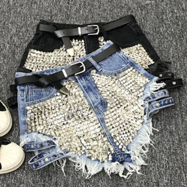 Rivet denim shorts summer spring women high waist loose tassel jeans shorts
