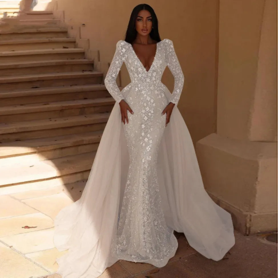 sachin and babi light blue dress Black Champagne Wedding Dresses with Three-Quarter Sleeves,Destination Tulle Bridal Dress,WD00831, US24W / White