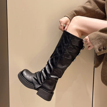 High Boots Autumn New Round Toe Sleeve Anti-Slip Wear-Resistant Metal Buckle Platform Anti-Slip Single Boots