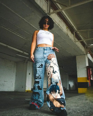 Japanese anime printing baggy jeans harajuku wide leg denim pants y2k men jean streetwear vintage couples trouser women clothing
