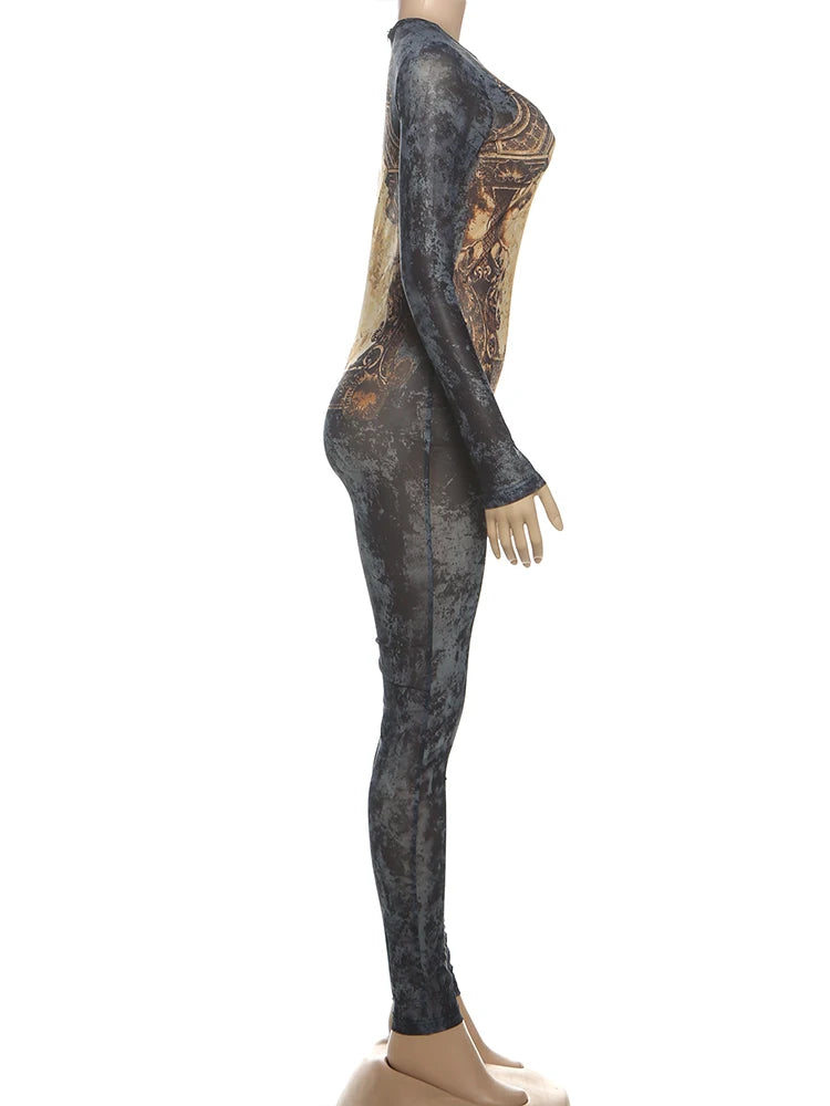 Sisterlinda Printing Slim O-Neck Long Sleeve Jumpsuit Women Sexy Popular Body-shaping Vestidos Girl Party Leisure Pencil Pants