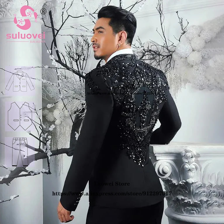 Luxury Shiny Beaded Applique Tuxedo Suits For Men Wedding 3 Piece Pants Set Customized Formal Groom Shawl Lapel Blazer Masculino