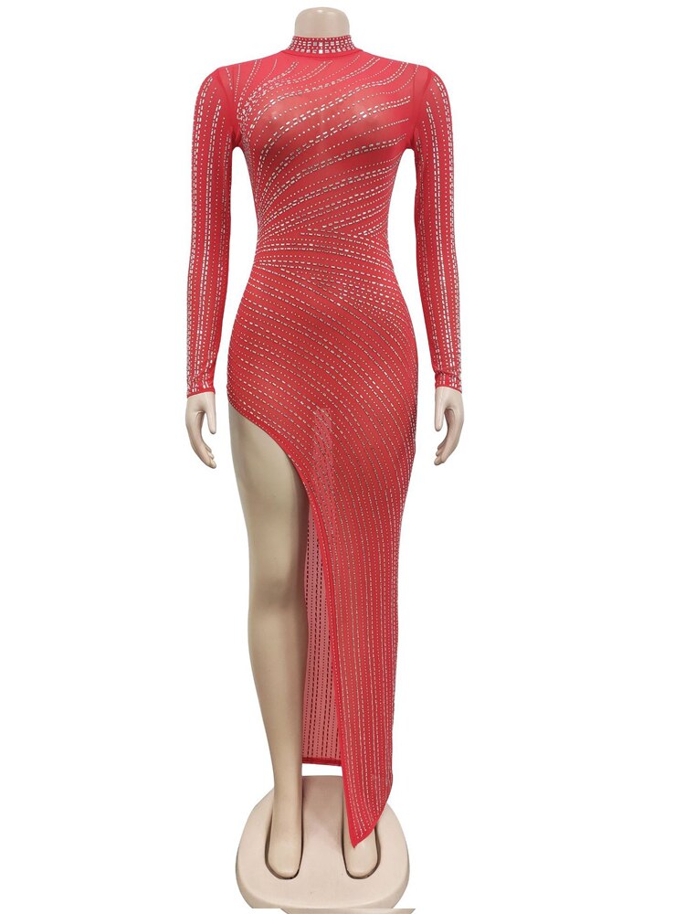 Kricesseen Sexy Black Mesh Crystal Side Slit Irregular Maxi Dress New Women Long Sleeve Bodycon Party Dress Night Clubwear Gowns
