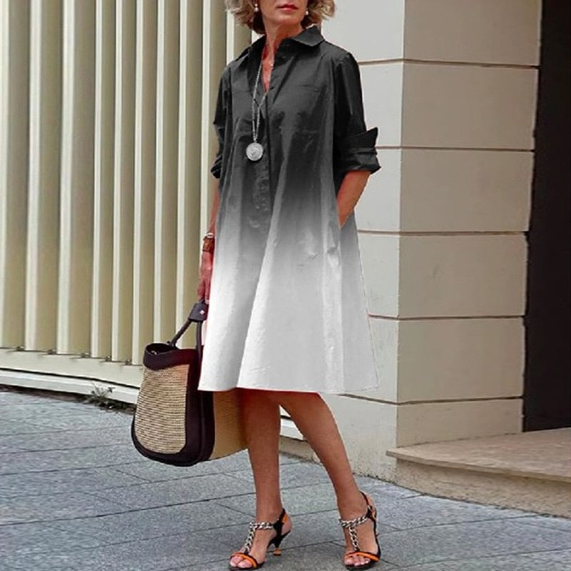 Sexy Autumn New Simple Shirt Dress Casual Solid Color Long Sleeves Fashion Turn-down Collar Pocket Dresses