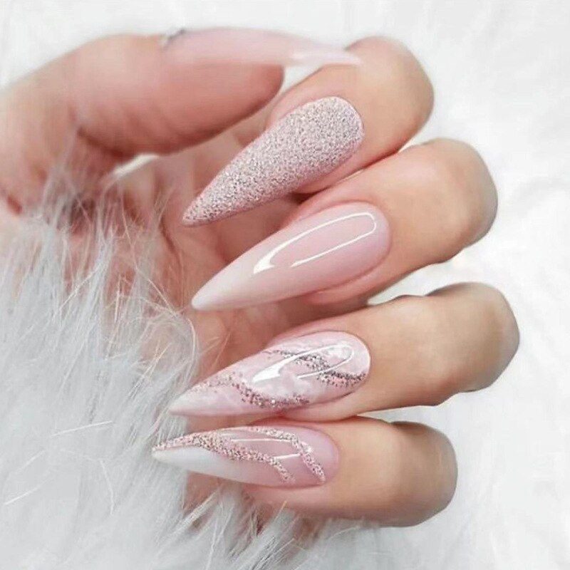 24pcs Strawberry Girl Long Ballet False Nails Art Removable Acrylic Press On Nail Tips