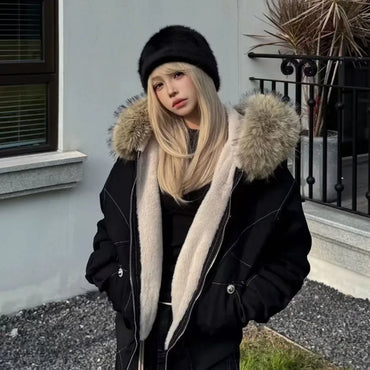 Winter Street Fashion Fur Collar White Zipper Hooded Short Jacket Women Casual Thicken Warm Coat Y2k Harajuku Sweet Outwear New
