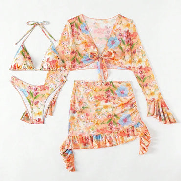 New Sexy Print Bikini Sets High Waist With Beach Skirt Long Sleeve Crop Top Swimwear Four Piece Bikini Set