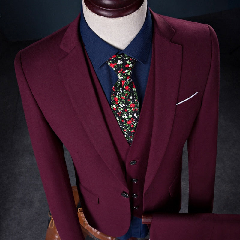 Luxury 3 Piece Men's Wedding Suit Fashion Men's Slim Solid Color Business Office Suit Sets Large Size Men Blazer+ Pants + Vest