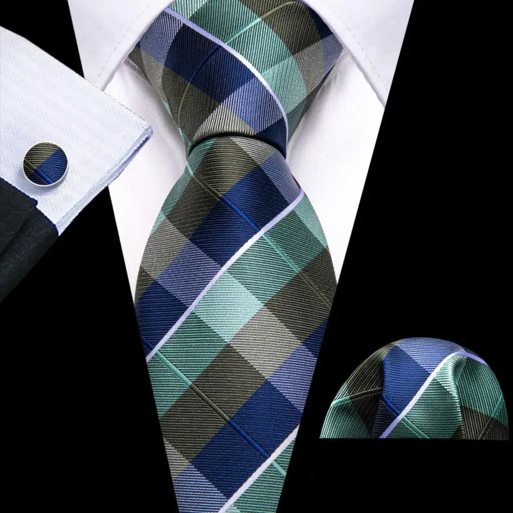 Barry.Wang Plaid Silk Men Tie Hanky Cufflinks Set Checked Jacquard Necktie for Male Formal Casual Wedding Business Party Events