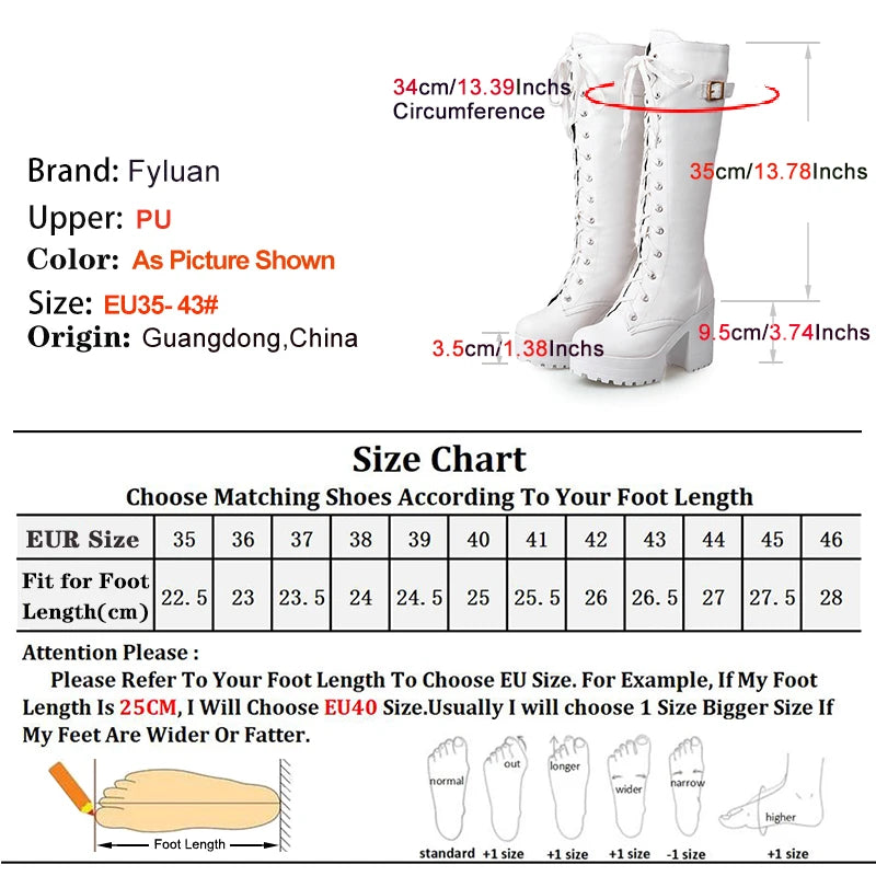 2025 Sexy White Women Knight Boots Coarse Heels Round Toe Knee High Boots Lace Up Multi-belt Buckle High Heeled Boots Size 35-43