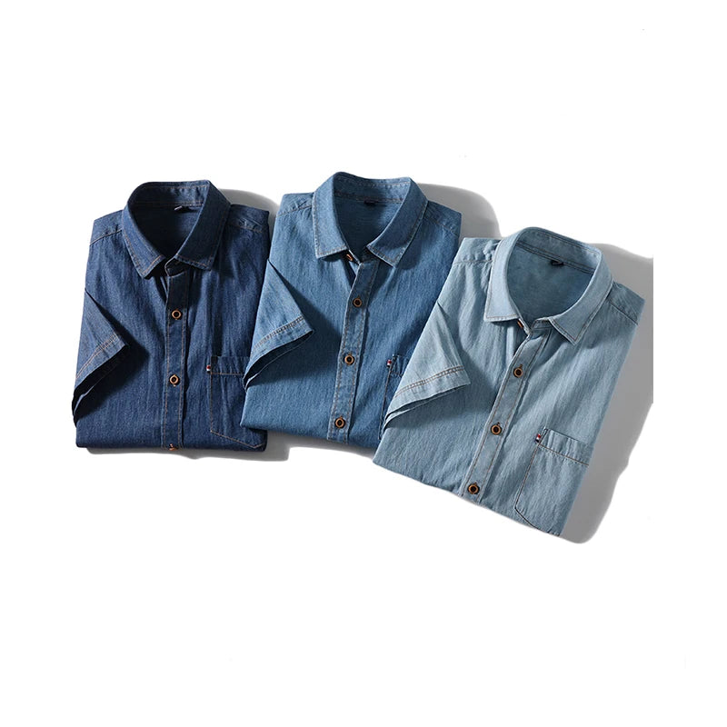 Mens Shirts Summer Men's Fashion Business Trend Cotton Denim Short-sleeved Shirt with All Cotton Solid Color Casual Thin Shirt