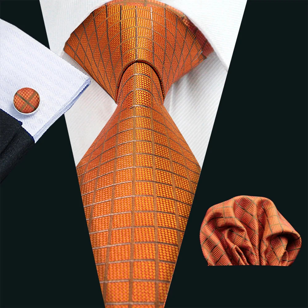 Barry.Wang Plaid Silk Men Tie Hanky Cufflinks Set Checked Jacquard Necktie for Male Formal Casual Wedding Business Party Events