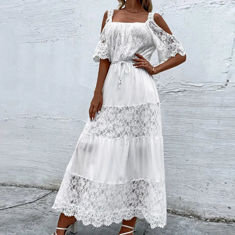 strapless open back dress Elegant Retro White Lace Jacquard Women Dress Office Ladies Temperamen –  Mega Mart Center