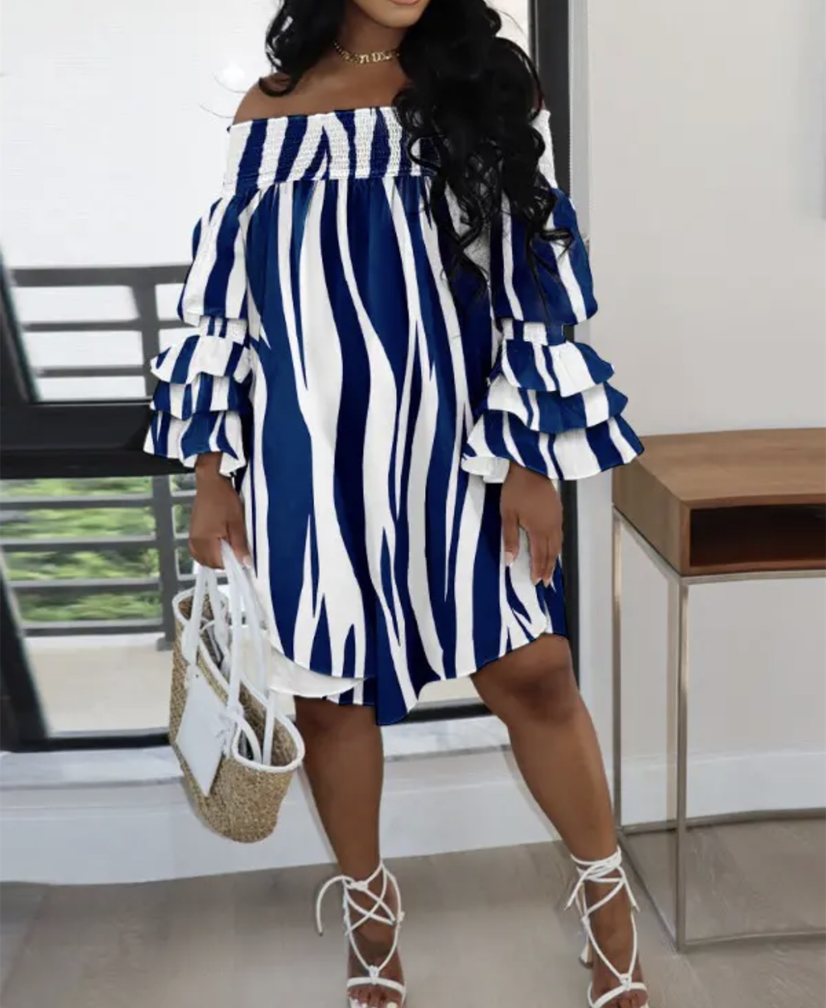 Sexy Off Shoulder Ruffle Dress Women Fashion Loose Slash Neck Flared Sleeve Straight Mini Dress