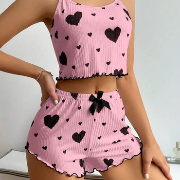 Women's Pajamas Set Summer 2PCS Sling Vest with Shorts 2026 Newly Love Heart Print Spaghetti Strap Camisole Sleepwear for Girls