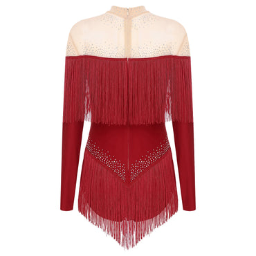 Rhinestone Tassel Leotard Dress for Women's Latin Jazz Dance Performance Clothes Ballroom Fringed Jazz Samba Tango Dresses