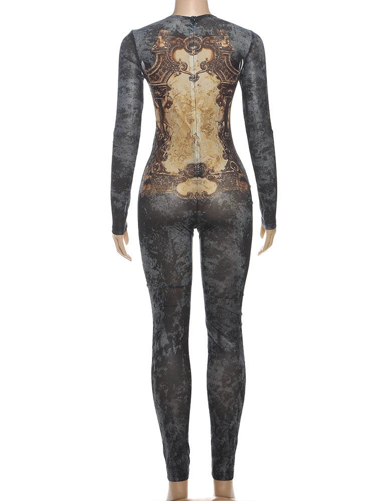 Sisterlinda Printing Slim O-Neck Long Sleeve Jumpsuit Women Sexy Popular Body-shaping Vestidos Girl Party Leisure Pencil Pants