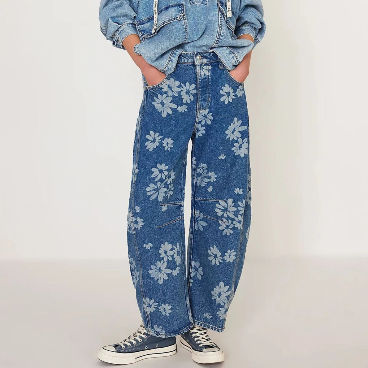 Boho Beach Blue Cotton Denim Jeans For Women Pants Casual loose Mid Waist Tube Shaped Women's Jeans Floral Printed Baggy Jeans