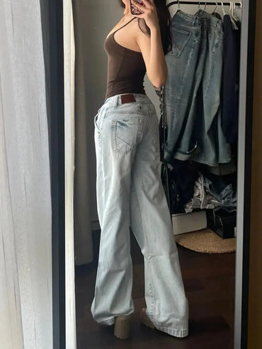 Streetwear Low Rise Flared Jeans Vintage Slim-fitting Y2K Fashion Blue Denim Pants 2000s Casual Women's Jeans Harajuku