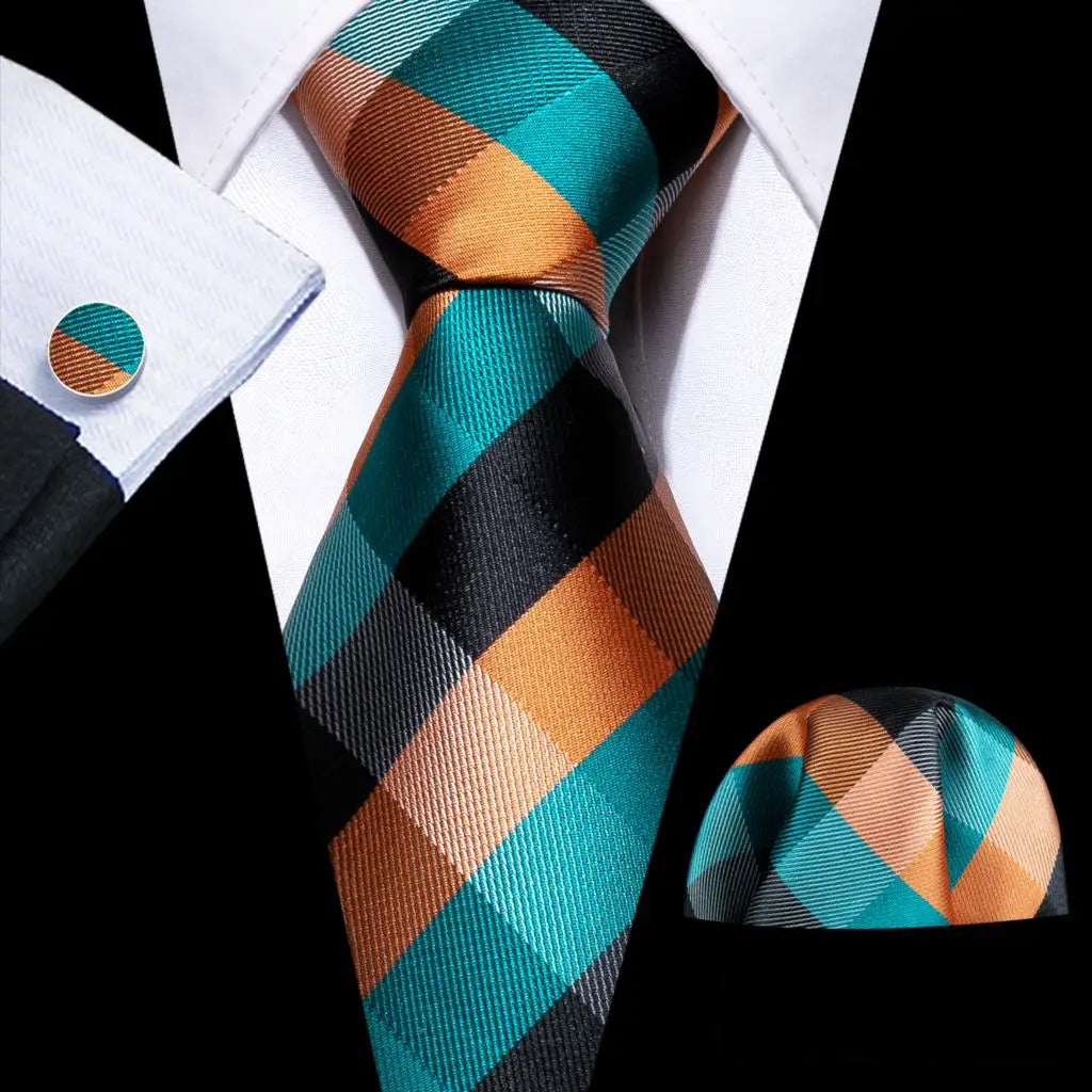 Barry.Wang Plaid Silk Men Tie Hanky Cufflinks Set Checked Jacquard Necktie for Male Formal Casual Wedding Business Party Events