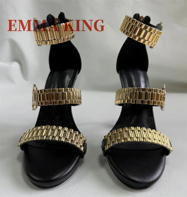 Gold Watch Studded Sandals Open Toe High Heel Ankle Strap Sandals Back Zipper Metal Chain Gladiator Sandals Summer Party Shoes