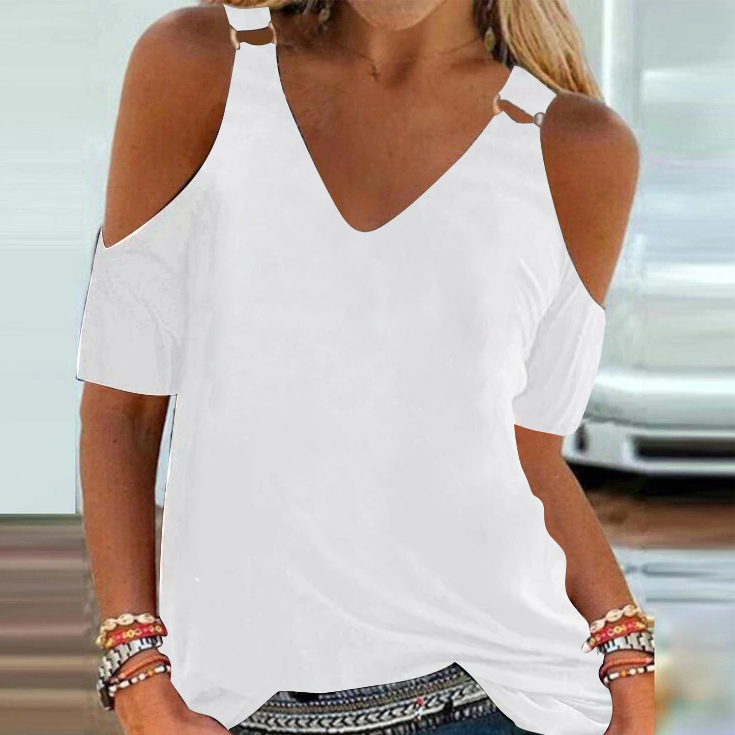 Fashion Print Off Shoulder Ladies Tops Summer Sexy V Neck Short Sleeve Casual Blouse 2022 Hot Women Outfits Party Dress Shirts