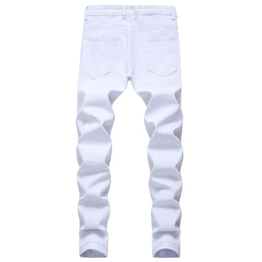 Fashion Designer Casual White Black Ripped Jeans For Men Straight Slim Fit Stretch Denim Pants Man Jogging Trousers Large Size