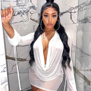 Sexy Mesh Deep V Elastic Dress Halter Elegant Chic Vintage Mini Dresses Long Sleeve Party Club See Through Bodycon Women's Night