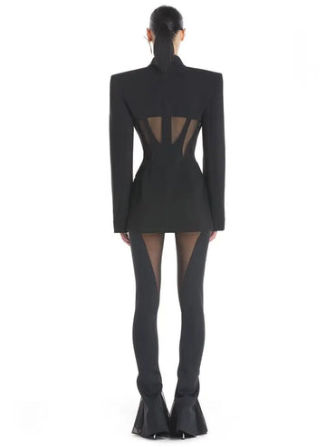 HIGH STREET Newest 2024 Designer Blazer Suit Women's Perspective Gauze Patchwork Blazer Pencil Pants