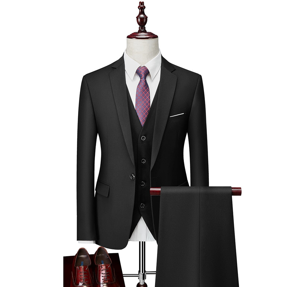 Luxury 3 Piece Men's Wedding Suit Fashion Men's Slim Solid Color Business Office Suit Sets Large Size Men Blazer+ Pants + Vest