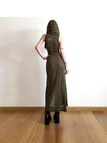 y2k Dress Women Clothes Solid Color Sleeveless Hollow Out Back Slit Hooded Dress 2000s Halloween Party Dresses