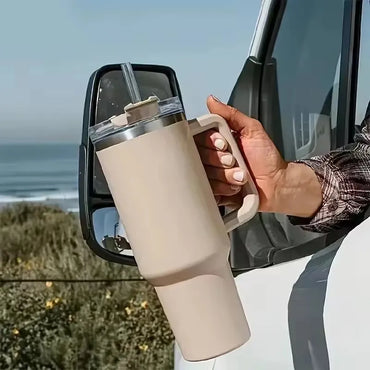 40oz 304 stainless steel vacuum insulated water cup with handle, straw cover, car portable sports travel cup leak proof design