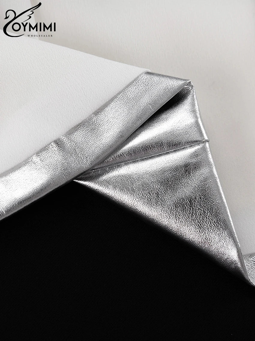 Oymimi Sexy Slim Sliver Pu Leather Dress Ladies Bodycon O-Neck Sleeveless Dress Elegant Classicc Party Dresses For Women 2023