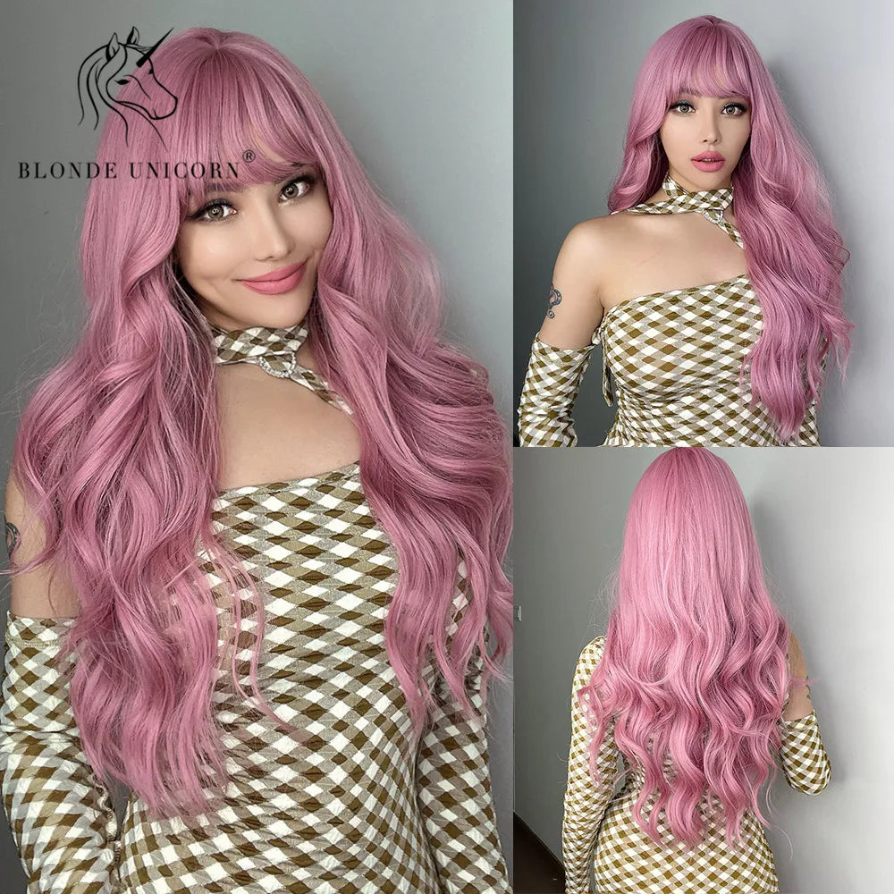 Blonde Unicorn Synthetic Long Wavy Wig Ombre Purple to Blue for Woman Cosplay Halloween Wigs Heat Resistant Fiber Bangs Hair