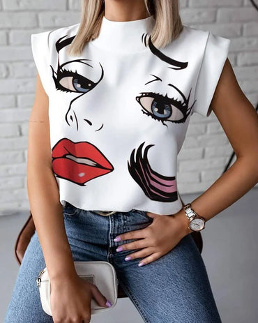 Women's Abstract Face Print Sleeveless Stand Collar Blouse with Button Front for Summer Fashion