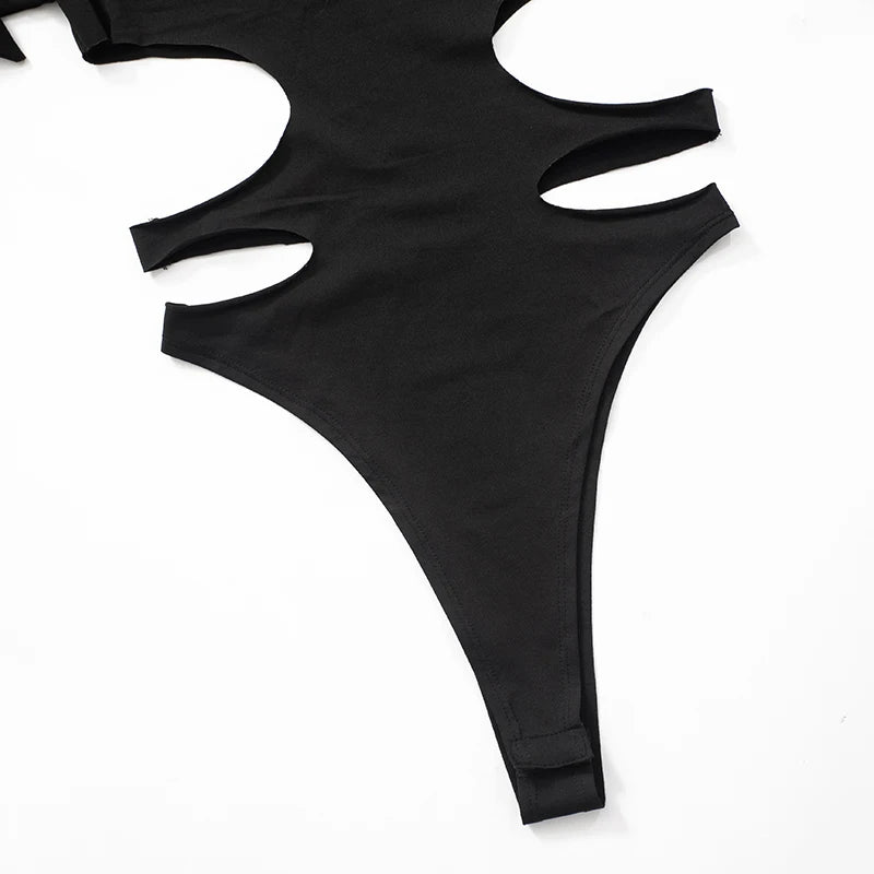 CUTENOVA 2024 New Hollow Out  Asymmetric Hot Girl Personality Set High Neck Sexy Long-Sleeved Jumpsuit Top + Hollow Out Pants