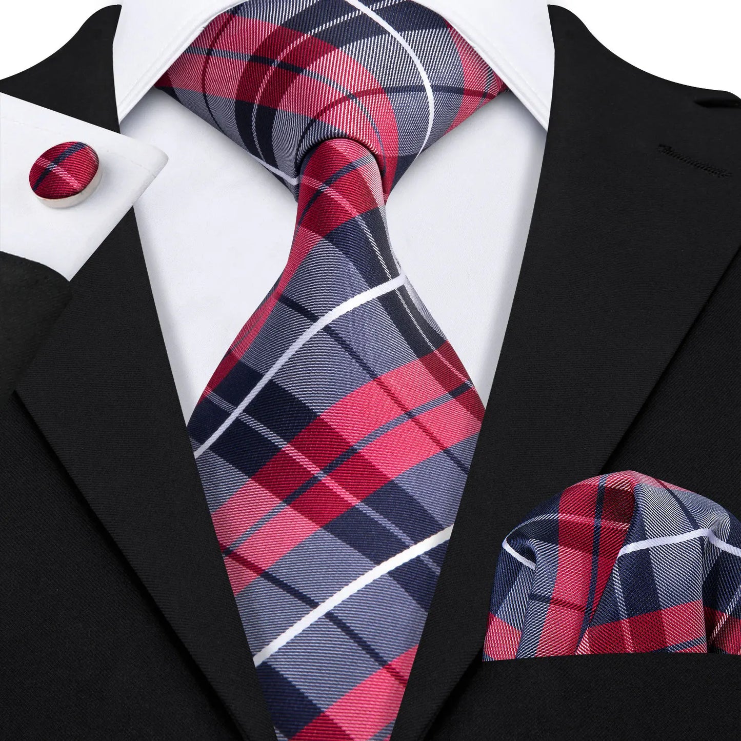 Barry.Wang Plaid Silk Men Tie Hanky Cufflinks Set Checked Jacquard Necktie for Male Formal Casual Wedding Business Party Events