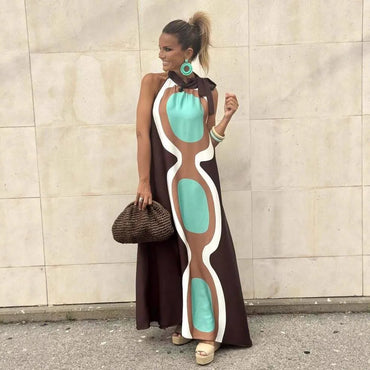 Casual Print Halter Neck Leace-up Long Dresses Women Summer New Vacation Style Loose Maxi Dress Female Vintage Commuting Vestido