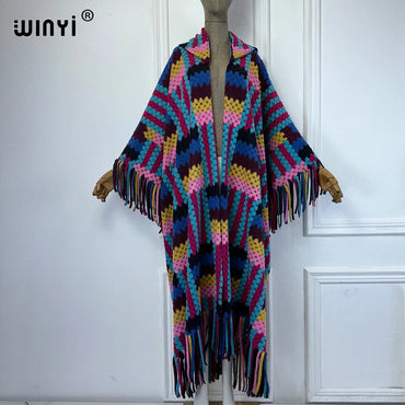 WINYI African Winter color printed tassel hooded cardigan woman abaya outfits for women coat Open Front Kimonos long down poncho