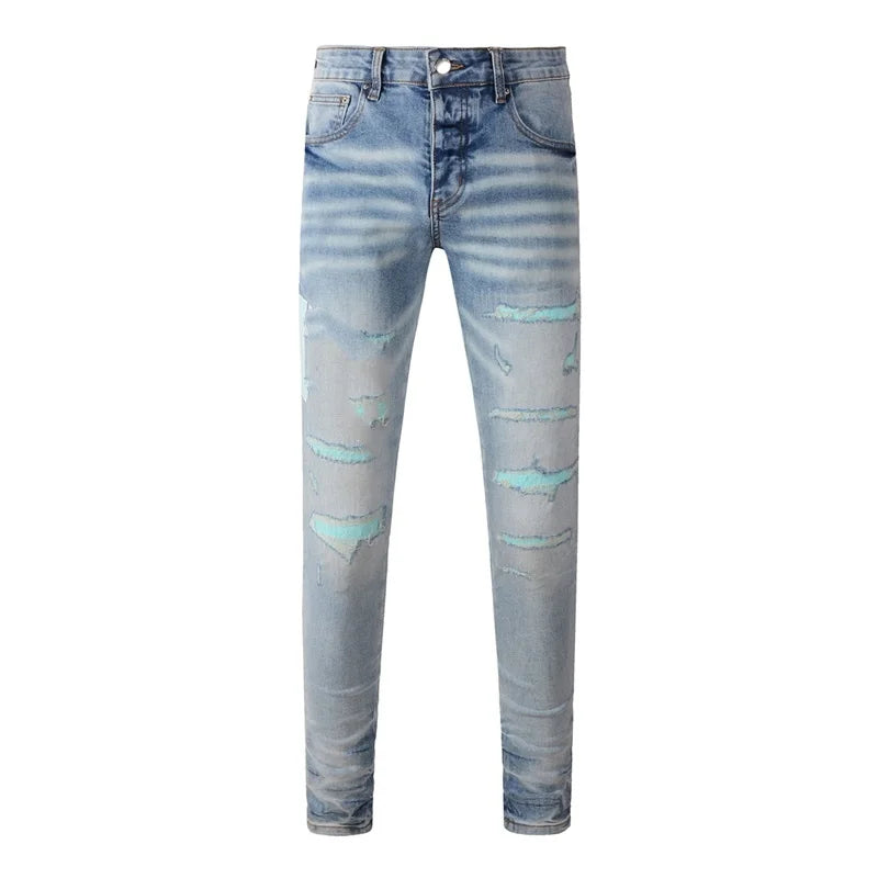 Fashion Top Quality Streetwear Distressed Men's Jeans Vintage Low Rise Stretch Skinny Button Fly Ripped Hold Pants