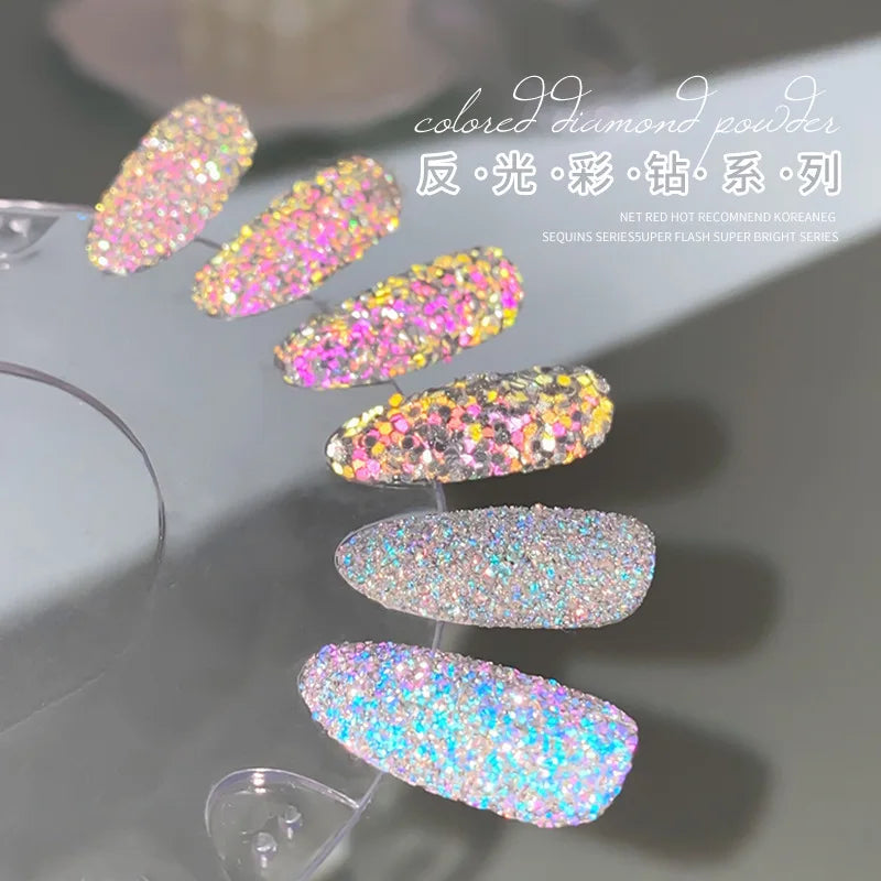 8 Color Laser Reflective Diamond Nail Powder Holographic Sparkly Glitter Crystal Sequins Pigment UV Gel Polish Nail Decoration