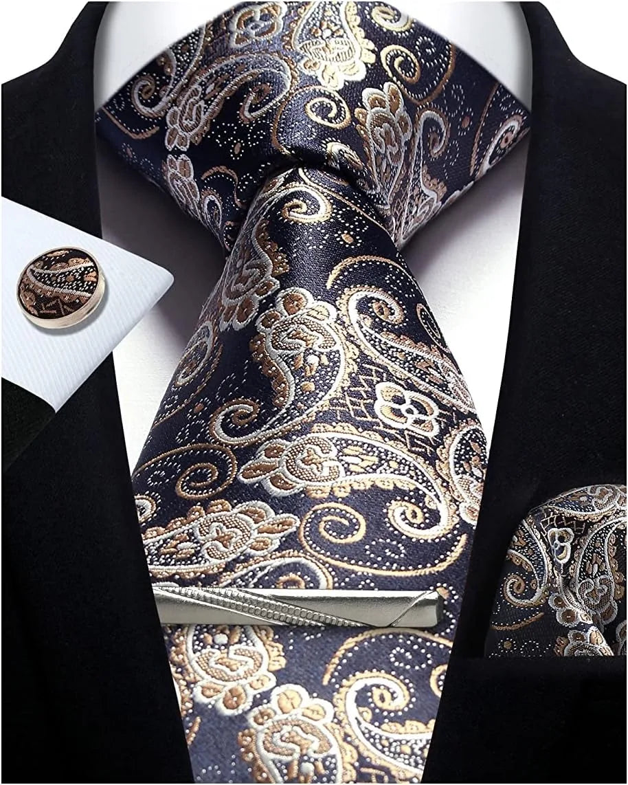 Mens Tie Set Silk Silver Paisley Floral Necktie and Pocket Square Cufflinks Tie Clip Classic Formal Ties for Men Wedding Party