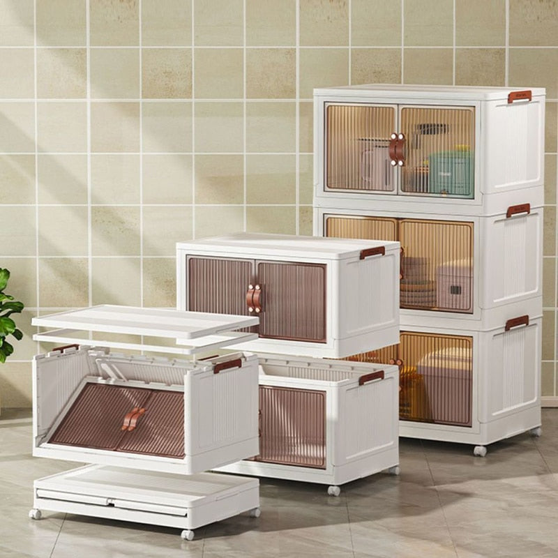 Large Capacity Stackable Storage Bins Double Door Open Save A Space Travel Organizer with Wheels Folding Wardrobe Containers