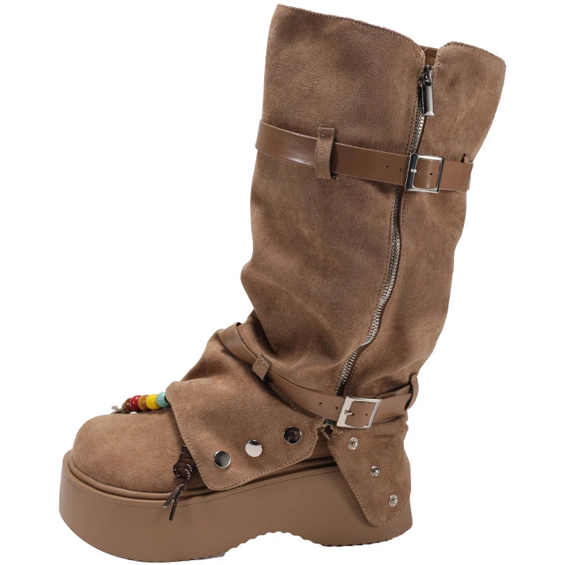 Autumn Winter Chunky Women Knee High Boots Fashion Button Combination Splicing Shoes Ladies Platform Thick Heel Long Booties