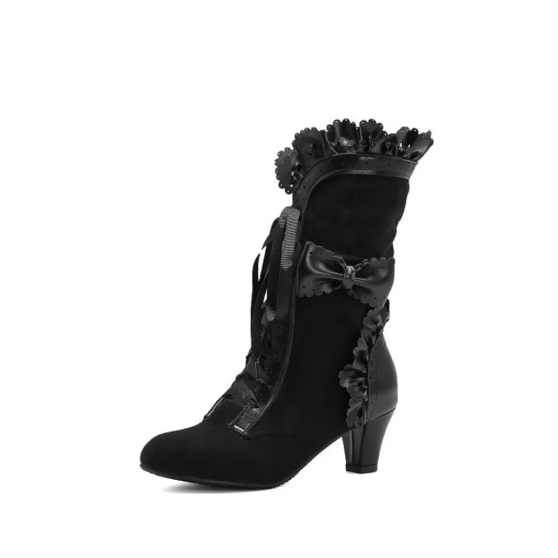 Autumn Winter Vintage Women Victorian Boots Lace Up High Heel Bootie Ruffle Trim Lolita Princess Cosplay Tea Party Costume Shoes