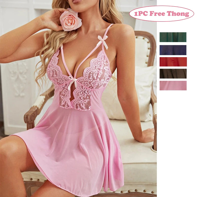 Women's Sexy Lace Nightdress Women's Bow Lingerie Pajamas Set Babydoll   Mega Mart Center