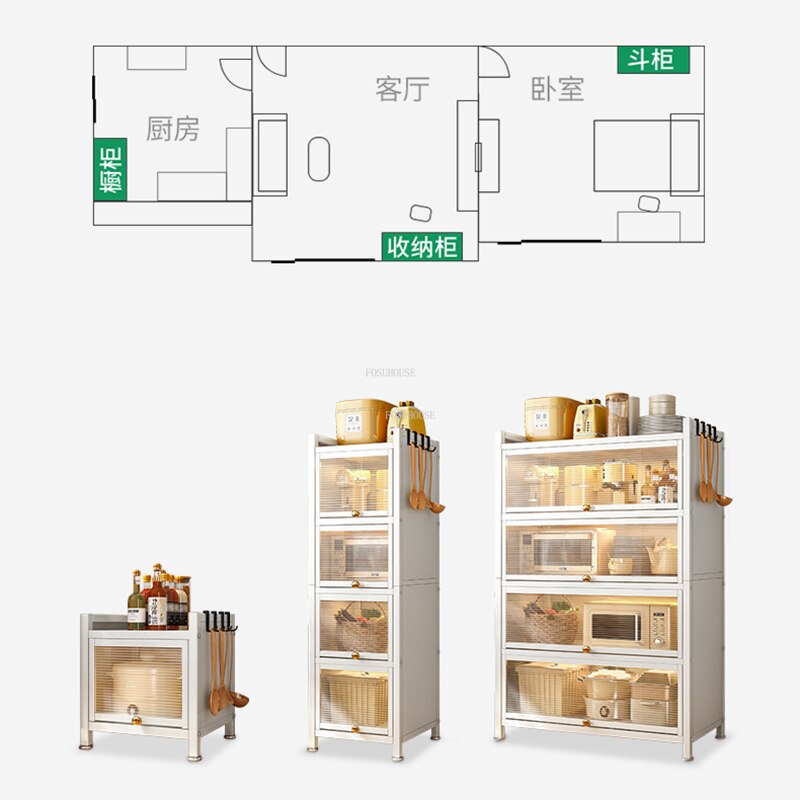 Modern Carbon Steel Kitchen Cabinets Home Kitchen Furniture Simple Tableware Storage Cabinet Multi-layer Shelf with Flip Door