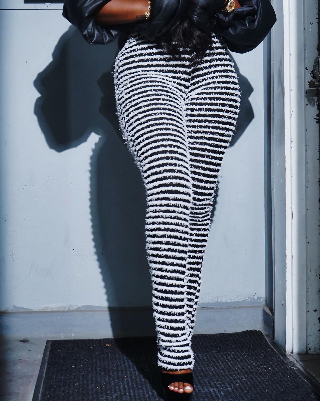 Sexy Women Winter Casual Panelled Knitted Pants Soft High Waist Fleece Stripe Patchwork Trouser